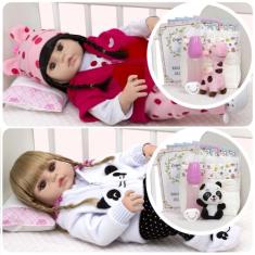 Bonecas Reborn Gêmeas 100% Silicone Girafa Panda Enxoval - Cegonha Reb