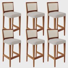 Kit 06 Banquetas Alta Para Cozinha Encosto em Tela Branco Zion L02 Linho Cru - Lyam Decor