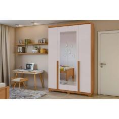 Guarda Roupa Casal Alonzo 4 Portas de Abrir 2 Gavetas MDF com Espelho Amendoa-Off White Lopas