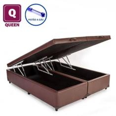 Cama Box Baú Queen size Bi partida em Sintético marrom com Pistão a gás - 158x198x27