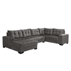 Sofá de Canto 6 Lugares Dijon com Chaise Esquerdo e Entrada USB Suede Cinza