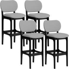 Kit 04 Banquetas Alta Para Cozinha Madeira Fixa Betta L02 Preto Facto Cinza