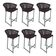 Kit 6 Banquetas Reis Em Corda Náutica E Base Em Alumínio Cinza Para área Gourmet Externa Marrom