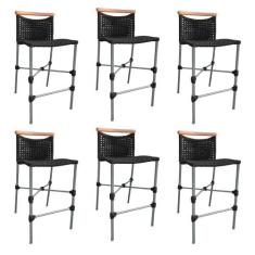 Kit 6 Banquetas Anne em Corda Náutica Base em Alumínio Cinza com Detal