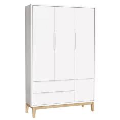 Quarto de Bebê Classic 3 Portas Cômoda Gaveteiro Branco com Pés Madeira Natural - Reller