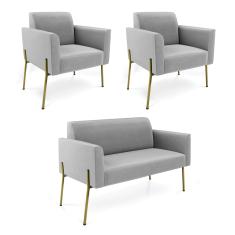 Sofá Namoradeira e 2 Poltronas Pé de Ferro Dourado Marisa Suede Cinza D03 - D'Rossi