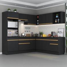 Cozinha Completa de Canto com Rodapé Veneza Multimóveis MP2080 com Armário e Balcão Preta