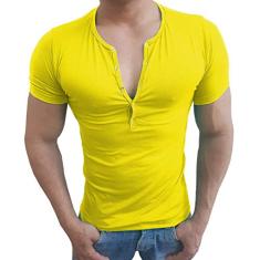 Camisa Henley Viscose Camiseta Slim Botão Manga Curta Sjons (Amarelo, M)