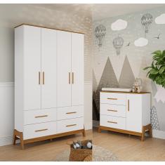 Guarda Roupa e Cômoda Retro Moveis Peroba Guti MDF Branco Amêndoa