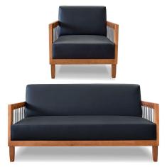 Kit Poltrona e Sofá Living 2 Lugares Marilia 1,60m Corano Preto Base em Madeira Castanho - Pallazio