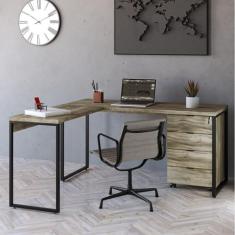Mesa de Escritório em L Estilo Industrial 150x150cm com Gaveteiro Volante 4 Gavetas Carvalho