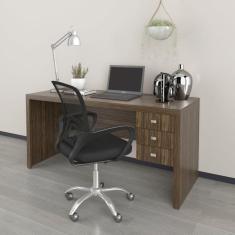 Mesa para Escritório 3 Gavetas Me4113 com Cadeira Diretor Tela Mesh Tok 3310 Nogal