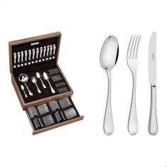 Faqueiro Tramontina Vicenza em Aço Inox com Facas de Mesa Forjadas Acabamento Alto Brilho com Detalhes no Cabo e Estojo de Madeira 101 Peças