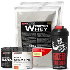Kit 2x Whey Protein Baunilha 500g + Power Creatina 100g + Power Glutamina 100g + Coqueteleira - Bodybuilders