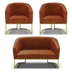 Sofá Namoradeira E 2 Poltronas Base Industrial Dourado Stella Corano Nozes D03 - D'rossi