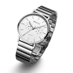 BOCCI Relógios de quartzo para homens, pulseira de aço inoxidável, estilo comercial, minimalista, relógio analógico, mostrador preto, calendário duplo, Branco prateado
