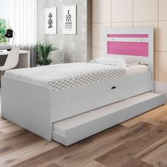 Cama Baú Solteiro Larissa Branco E Rosa Com Aux. E Colchões