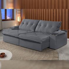 Sofá Retrátil e Reclinável 250cm M163 com Porta Copos Yescasa Veludo/Cinza Escuro