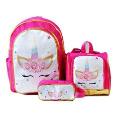 Mochila Unicornio Flores Costas Lancheira Estojo Kit
