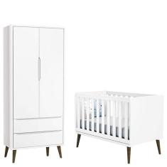 Berço Americano E Guarda Roupa 2 Portas Infantil Theo Branco Acetinado Com Pés Amadeirado - Reller