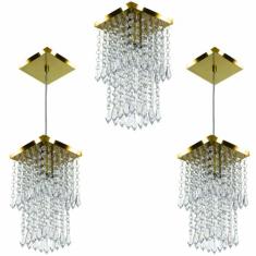 Kit 1 Lustre Cristal Acr. Spark + 2 Pendentes Spark Dourado - NoBrand,