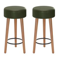 Kit 02 Banquetas Baixa Estofada Pés De Madeira Verde