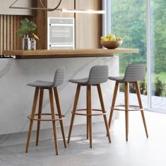 Kit 3 Banquetas Altas Luxo Versatil Aço Cobre Linho Cinza