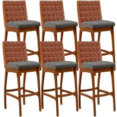 Kit 06 Banquetas Altas Mila Camel Linho Cinza Escuro