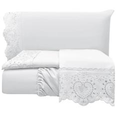 Jogo De Lençol Casal Padrão Bordado Ingles 300 Fios Nupcias 4 Peças - Branco