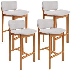 Kit 04 Banquetas Alta Dara L02 Clássico Madeira Taeda Assento Linho Cinza Lyam Decor