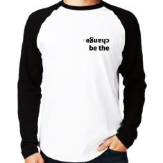 Camiseta Raglan Be the change Manga Longa - Foca na Moda, Branco, Pret