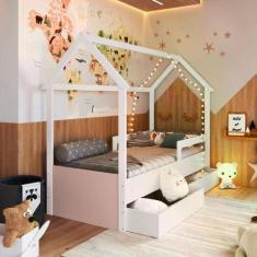 Cama Infantil Montessoriana com Gavetões Inferiores Branco/Rosa - Comp