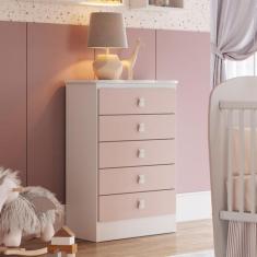 Cômoda de Bebê 5 Gavetas Rosa/Branco - Móveis Percasa