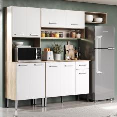 Armário Balcão de Cozinha Arizona Smart em MDP 289 cm Branco Carvalho com Aéreo 2 Portas Carraro