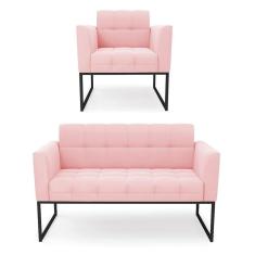 Kit 1 Sofá Namoradeira E 1 Poltrona Suede Base Metálica Industrial Preto - D`rossi Cor Rosa Bebê