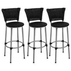 Kit 3 Banquetas Altas Prata com Encosto Junco Preto Assento Preto - Fo
