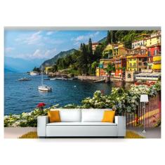 Papel De Parede Cidade Itália Lago Casas 3D Ncd213 - Você Decora