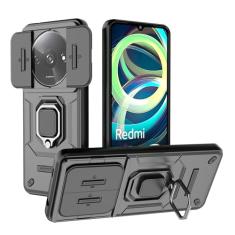 SORAKA Capa para Xiaomi Redmi A3 com suporte para anel e tampa deslizante para câmera Capa Xiaomi Redmi A3 com placa de metal para suporte magnético para carro Capa de camada dupla em PC e TPU