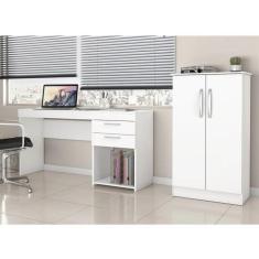 Conjunto Home Office 2 Peças 1 Escrivaninha 2 Gavetas 1 Armário 2 Portas Espresso Móveis Branco New