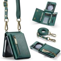 XYAJUANG Capa de telefone compatível com Samsung Galaxy Z Flip 5, design com zíper atualizado, capa de celular dobrável de couro PU com alça de ombro e suporte para cartão, capas de telefone com bolso