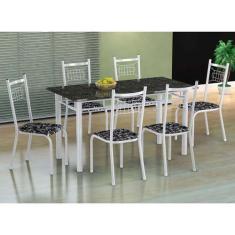 Conjunto de Mesa com 6 Cadeiras Lisboa Branco Liso E Preto Floral - Fa