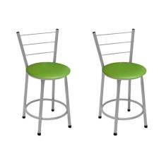 Kit 2 Banquetas Baixas Prata com Encosto Assento Verde
