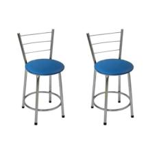 Kit 2 Banquetas Baixas Cromada com Encosto Assento Azul - Fortmix