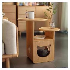 Mesas de canto de madeira de 2 andares com cama de gato pequena, mesa de cabeceira lateral com cama de gato, condomínios para sala de estar, quarto, varanda, família e escritório, mesas laterais de montagem fácil