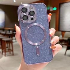 Com protetor de lente capa de telefone galvanizada para iPhone 15 14 13 12 11 Pro Max capa de glitter para carga sem fio, roxo claro, para iPhone14ProMax