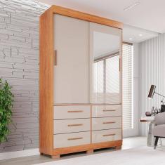 Guarda Roupa com Pés e Espelho 2 Portas 6 Gavetas Luana Cinamomo / Off-White