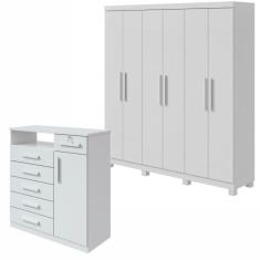 Conjunto de Guarda-Roupa 6 Portas com Pés Jazz e Cômoda Da Vinci Branco