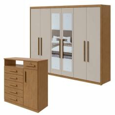 Conjunto de Guarda-Roupa 6 portas Áries com espelho e Cômoda Da Vinci Amêndoa Clean/Off White