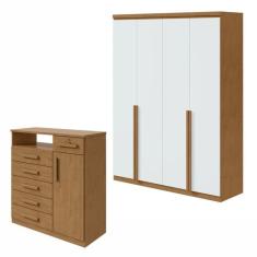 Conjunto de Guarda-Roupa Alonzo com pés e Cômoda Da Vinci com Nicho Amêndoa Clean/Branco