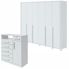 Conjunto de Guarda-Roupa 6 Portas com Pés Imperatore com Cômoda Da Vinchi com Nicho Branco